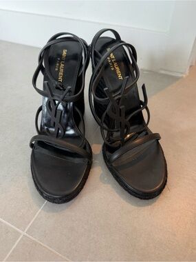 Saint Laurent Black YSL Logo Strap Heeled Sandals